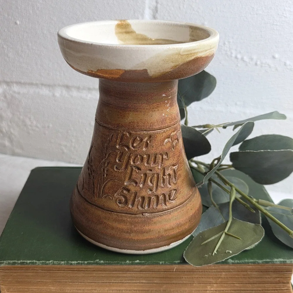 Studio Pottery Let Your Light Shine Brown Stoneware Candle Holder Fall Autumn